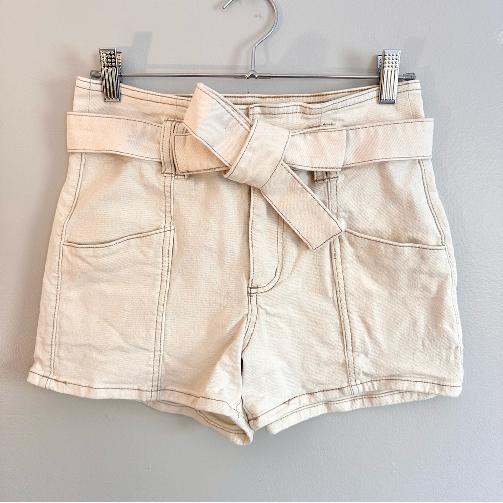 High Waist Cream Shorts with Bow Accent